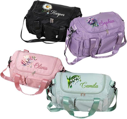 Personalized Gym Bag Waterproof Custom Name Gemstone Birth Flower Duffle Bag Travel Weekender Overnight Bags With Shoulder Strap Birthday Christmas Gifts For Women Cheerleaders