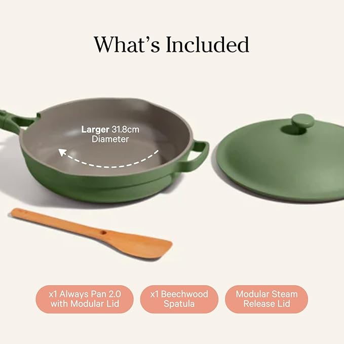 Our Place Large Always Pan | 12.5" Ceramic Pan with Modular Lid & Beechwood Spatula | Patented 10-in-1 Nonstick, Non-Toxic Cookware Made Without PFAS | Induction & Oven-Safe up to 450°F | Sage