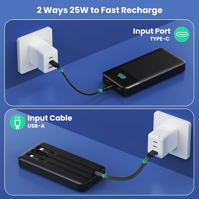 Portable Charger Power Bank 40800mAh with 3 Built-in Cables,25W Fast Phone Charging Portable Battery Pack,5 Outputs Travel Essentials Outdoor External Battery for iPhone 17/16,Galaxy Android etc-Black