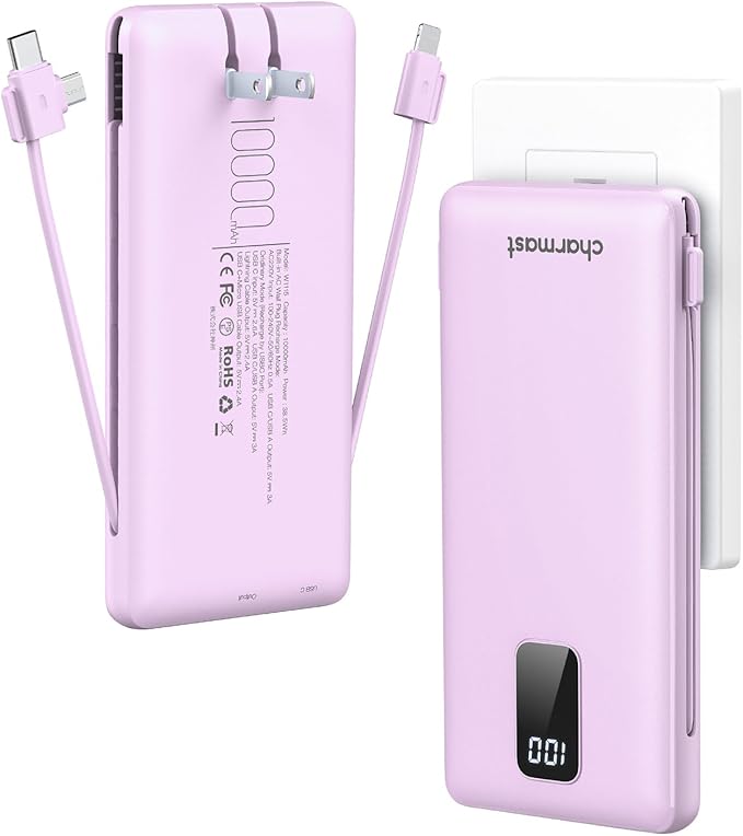 charmast Portable Charger with Built-in Cables & Wall Plug, 10000mAh Portable Power Bank, External Battery Pack Travel Essentials Compatible with iPhone 16/15/14/13, Samsung, iPad etc