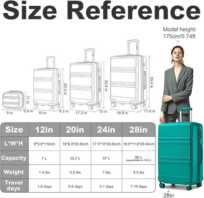 Kono 4 Piece Luggage Sets Expandable(only 28") with Spinner Wheels TSA Lock Lightweight PC+ABS Hardside Travel Rolling Suitcases 20in 24in 28in Carry on and 12in Mini Cosmetic Case Turquoise