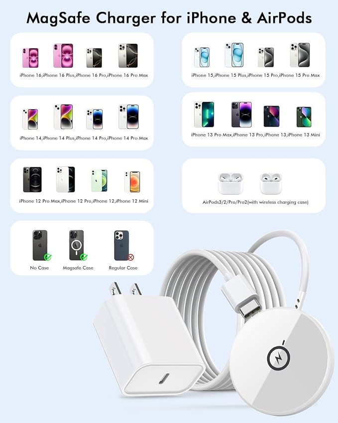 [Apple MFi Certified]iPhone Magnetic Charger,6FT 2Pack Apple Wireless Charger Pad 15W Mag Safe Fast Charging iPhone Flat for iPhoneAir/17 Pro Max/16 Pro Max/15Pro/14/13/12 Series,AirPods3/2/Pro3/Pro 2