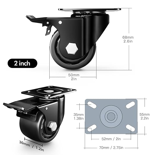 2 Inch Caster Wheels, Casters Set of 4, Heavy Duty Casters Load 2200lbs, Locking Swivel Plate Industrial Casters, Low Gravity Center Castor for Furniture and Workbench