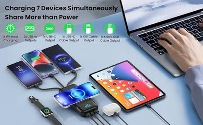 Wireless Portable Charger 40,800mAh with 3 Built-in Cables,15W Wireless Charging 25W PD QC4.0 Fast Charging USB-C Power Bank,7 Outputs Travel Essentials Battery Pack for iPhone 17/16/15/14,Android etc