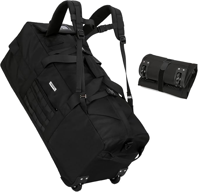 80L Waterproof Rolling Duffel Bag with Quick-Release Straps, Military Tactical Wheeled Foldable For Deployment Traveling Camping Sporting (Black)