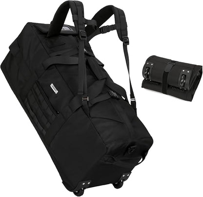 80L Waterproof Rolling Duffel Bag with Quick-Release Straps, Military Tactical Wheeled Foldable For Deployment Traveling Camping Sporting (Black)