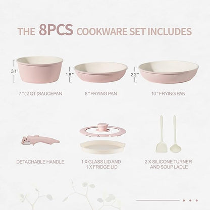 8PCS Ceramic Cookware,Nonstick Ceramic Pan, Removable Handle Pots and Pans Set, Stackable Pan Set, Nonstick Pots and Pans Set Non Stick pot(Pink)