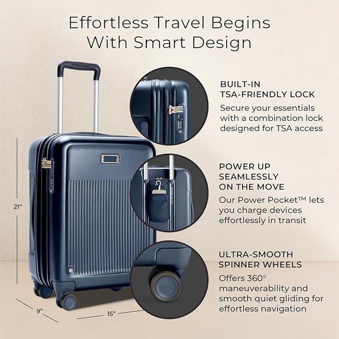 Briggs & Riley 21" Global Carry On Expandable Spinner - Luggage for Travel, Suitcases with Wheels, Hardside Rolling Bag for Men & Women, Self-Repairing Zipper - Sympatico Collection, Navy