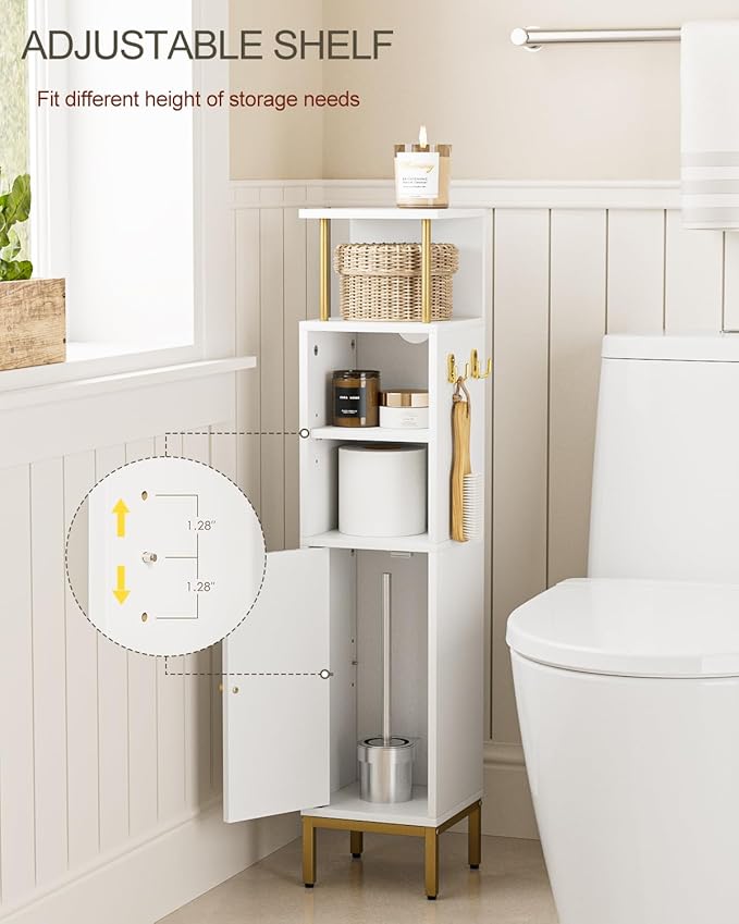 Bathroom Storage Cabinet,Small Corner Floor Cabinet with 2 Hook,Narrow Tall Toilet Paper Cabinet with Adjustable Shelves,Bathroom Organizer for Living Room,Small Spaces (Wave, White-37''H)