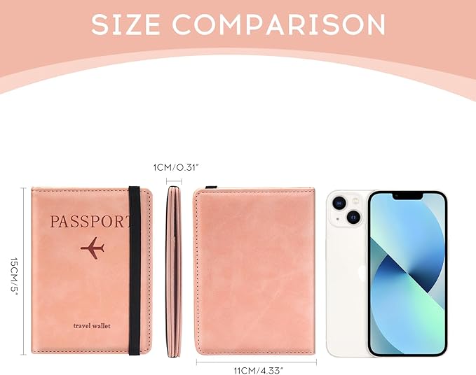 ILIYAH-Passport Cover-Passport Holder Travel Wallet-RFID-Blocking Passport Case Travel Accessories Card Holder Wallet Unisex Travel Gifts（Pink）