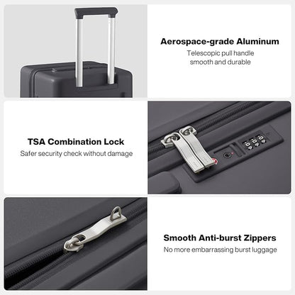 mixi 24'' Plus Trunk Luggage Medium Checked Luggage PC Hard Shell Rolling Travel Suitcases with Spinner Wheels & TSA Lock, Rock Gray