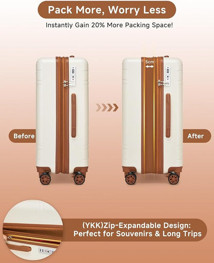 Somago Expandable 2-Piece Luggage Sets 20"/24" Suitcases with Shock-Absorbing Braking Spinner Wheels Moon Star Design Hard Shell Suitcase with Cupholder TSA Lock (Beige White,Expandable 20/24 Inch)