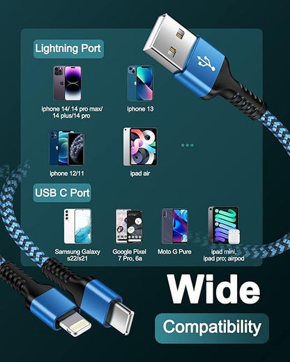 for Apple Lightning & USB-c 2-in-1 Charging Cable (4 Feet), USB to Lightning & USB to USB-c Long Fast Charger Cord for iPhone 17 Air 16e 16 15 Pro Max 14 Plus 13 12 11 mini, Samsung Galaxy, Pixel