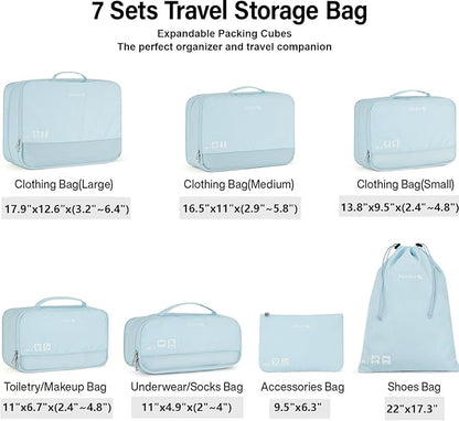 Hanke 7 Set Compression Packing Cubes for Travel, Expandable Large Packing Cubes for Suitcases and Backpack, Luggage Packing Organizer Bags with Double Zipper as Travel Essentials