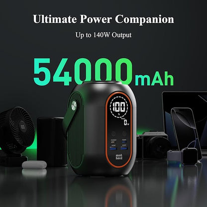 Minthouz 140w 54000mAh Laptop Power Bank with 65W Power Adapter, Versatile Camping Lighting, Wireless Charging, Smart Display, Portable Power Station for iPhone 17/16/15 Pro Max, MacBook, Dell, HP