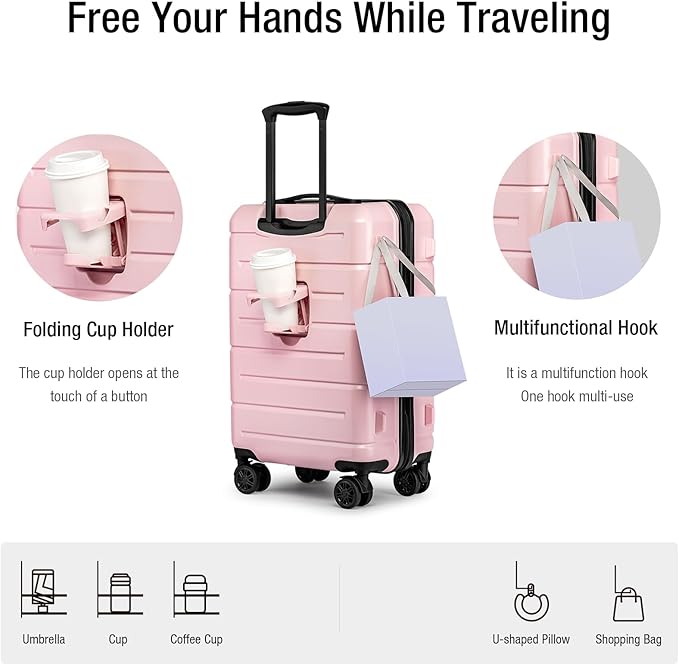 KYME Carry On Luggage 22x14x9 Airline Approved with TSA Lock Hardshell Carry-On Suitcase with Wheels Travel Rolling 22 inch Luggage with Cup Holder for Women Pink
