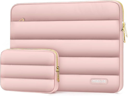 MOSISO 15-15.6 inch Laptop Case, 16 inch Puffy Laptop Sleeve Compatible with MacBook Pro 16, HP Dell ASUS Acer Toshiba Lenovo Notebook Computer, Polyester Horizontal Bag with Small Case, Pink