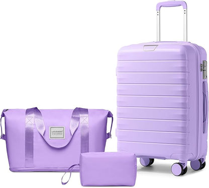 LARVENDER Luggage Sets 3 Piece with Duffel Bag Hardside PP Carry On Suitcase with 360° Spinner Wheels TSA Lock Luggage Sets for Women, Lavender