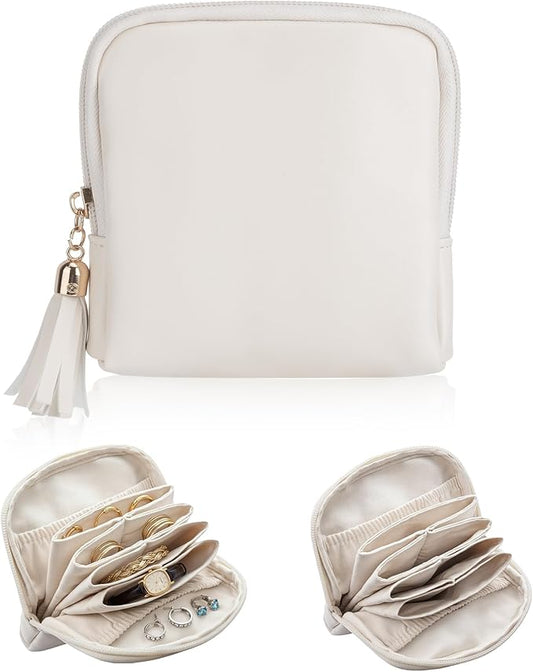 Small Travel Jewelry Case, Travel Gifts for Women Girls, Mini Jewelry Pouch Bags with Tassel Zipper, Portable Jewelry Organizer Holder for Bracelet Rings Earring Necklace Bangles, Beige