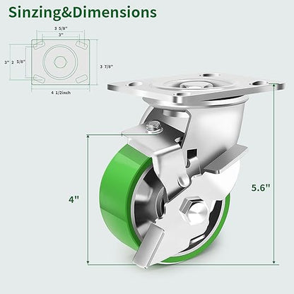 4 Inch Heavy Duty Industrial Grade Caster Set of 4, Industrial Swivel Casters with Brake, Maintenance-Free Aluminum Core PU Wheels 3600 LBS, Durable Casters Wheels for Industrial, Equipment