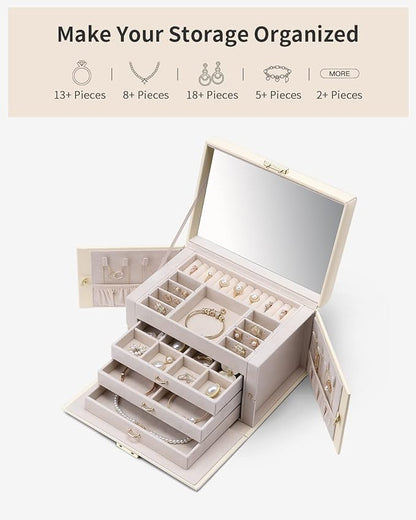 Vlando Jewelry Box for Mothers Day Teacher Appreciation Gifts, 4-Tier Jewelry Organizer with Lock, Mirror Jewelry Box for Earring, Ring, Necklace and Bracelets, Jewelry Storage for Women Girls - Beige