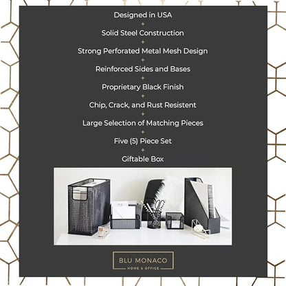 BLU MONACO Black Desk Organizer Set | 5-Piece Metal Office Supplies Collection with Hanging File Organizer, Magazine Holder, Pen Cup, Sticky Note Holder & Letter Sorter | Workspace Organization