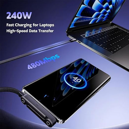 Sideways Phone Charger, 240w Braided Fast Charge Cable with Built-in Phone Stand, 2-in-1 Invisible Holder Charger Cable for Smartphones Tablets, Fast Data Transfer (2pcs a to c)