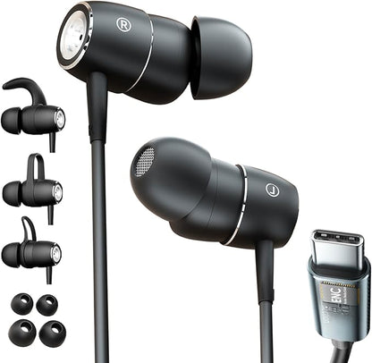 USB C ENC in Ear Headphones with Mic Calls Noise-Canceling Wired Earbuds with Dynamic Bass,(Ear Hooks can be Attached) DAC USB Type C Earphones for iPhone 17 16 15 Pro Max Plus Air iPad Pro Samsung