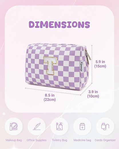 Narwey Birthday Gifts for Women Teen Girls Kids Personalized Initial Makeup Bag Monogram Preppy Cosmetic Bag Trendy Stuff 6 8 10 11 12 13 14 16 18 Years Old Travel Toiletry Bag (Purple Letter T)