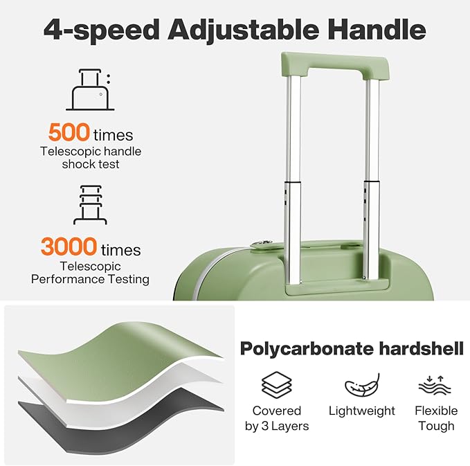 mixi 24 Inch Checked Luggage PC Hard Shell Suitcase Top Opening Aluminum Frame Travel Suitcases with Wheels, Avocado Green