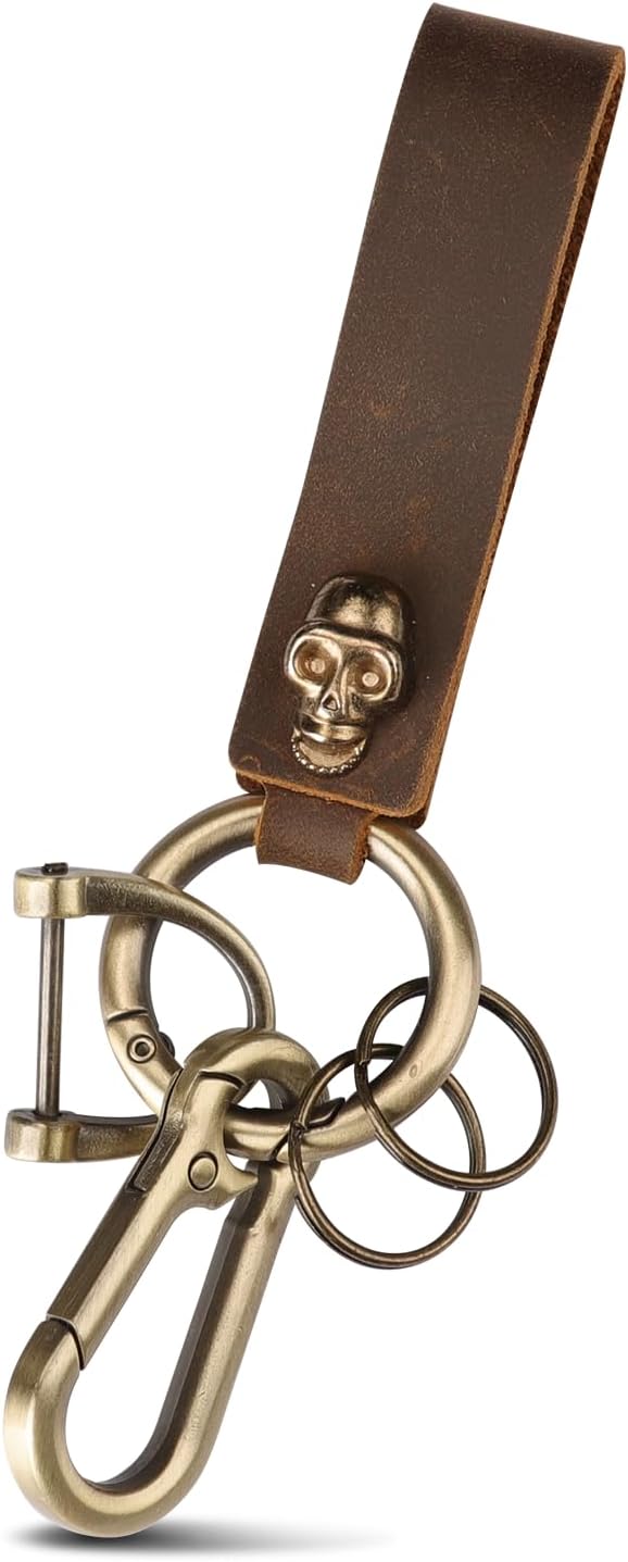 Teskyer Genuine Leather Keychain with Carabiner Clip and Key Ring, Vintage Key Chain Holder for Home/Car Keys