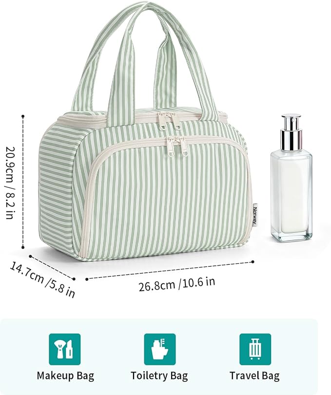 Narwey Large Travel Toiletry Bag, Wide-open Travel Bag for Toiletries, Toiletry Bags for Traveling Women, Cosmetic Make Up Makeup Bag Organizer with Wet Pocket, Shower Skincare Bag (Mint Green Stripe)