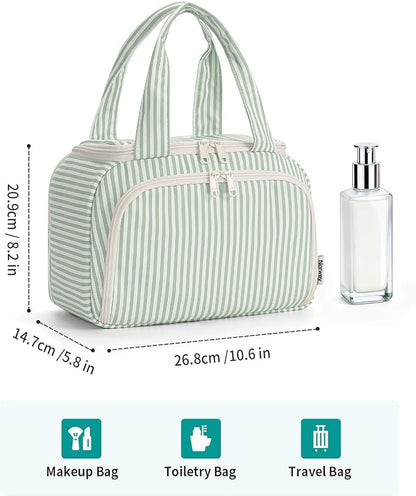 Narwey Large Travel Toiletry Bag, Wide-open Travel Bag for Toiletries, Toiletry Bags for Traveling Women, Cosmetic Make Up Makeup Bag Organizer with Wet Pocket, Shower Skincare Bag (Mint Green Stripe)