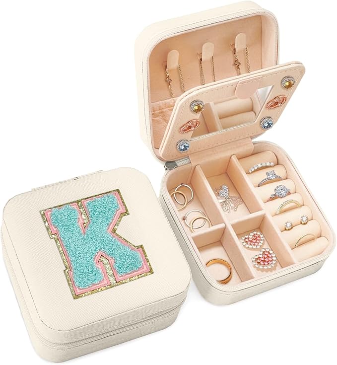 SANDJEST Personalized Jewelry Box, White Travel Jewelry Box with Initial K, Small Monogrammed Jewelry Case Organizer for Girls Women Teen Kids, Mini Travel Essentials Gifts for Birthday Christmas