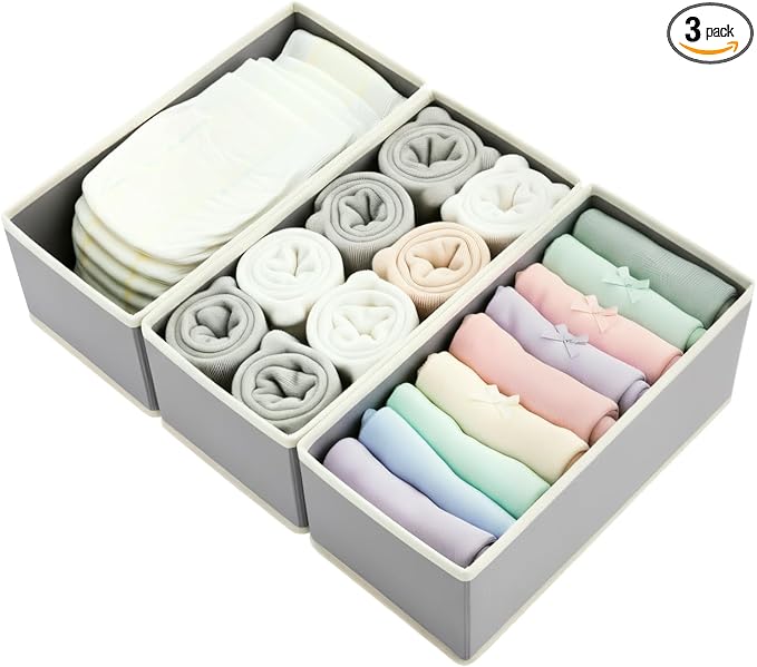 Sock Drawer Organizer 3-Pack Light Gray - Small Storage Bins for Underwear Clothes, Foldable & Removeable Fabric Dividers for Closet
