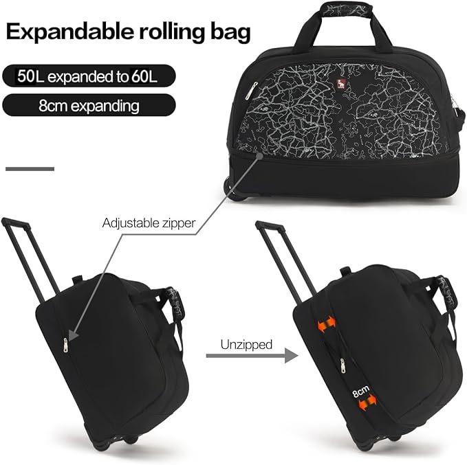 OIWAS Small Rolling Duffle Bag with Wheels Travel 22 inch Carry On Luggage Unisex-Adult Short Term Trips Expandable 50L to 60L