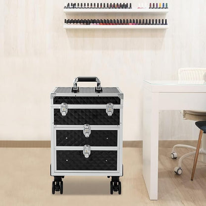 Aluminum Rolling Makeup Train Case, Portable Lockable Makeup Organizer Suitcase, Stylist Cosmetic Luggage Travel Trolley w/4 Removable Wheels & 2 Sliding Drawers