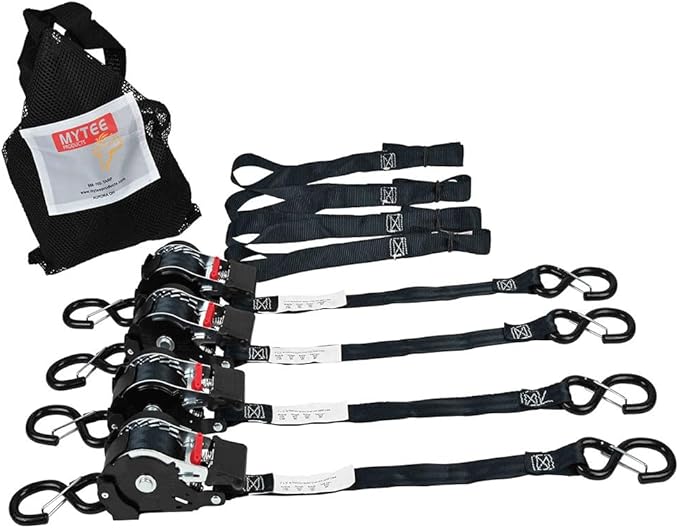 Mytee Products 4 Pack 1''x12' Retractable Ratchet Straps with Safety Lock S Hook, 1500 Breaking Strength, 4 Soft Loops & Storage Bag - Self Ratcheting Tie Down Strap for Boat, Jet Ski, ATVs, Bikes