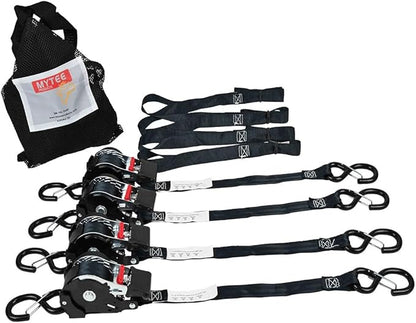 Mytee Products 4 Pack 1''x12' Retractable Ratchet Straps with Safety Lock S Hook, 1500 Breaking Strength, 4 Soft Loops & Storage Bag - Self Ratcheting Tie Down Strap for Boat, Jet Ski, ATVs, Bikes