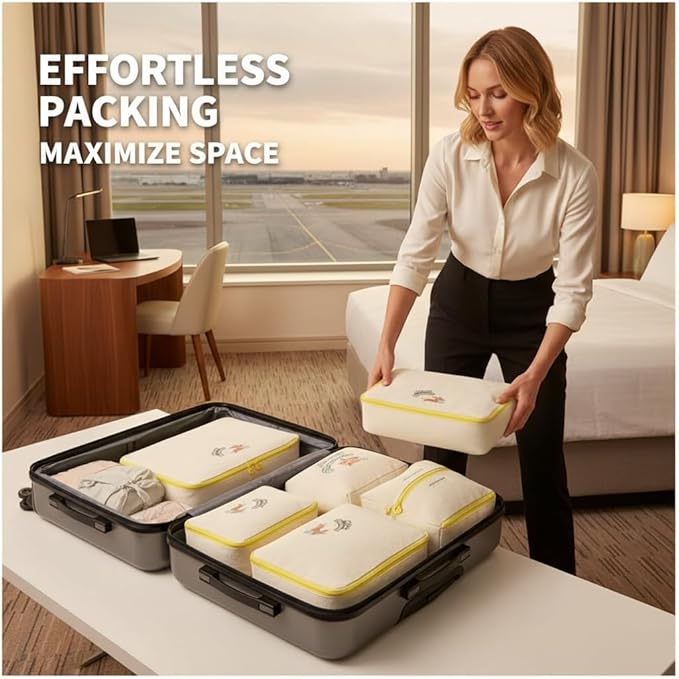 7-Piece Travel Packing Cube Set Luggage Organizer Bags for Suitcases Clothes Underwear Toiletry Cosmetic and Document Storage Efficient Travel Essentials