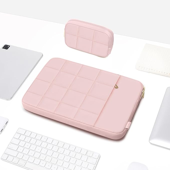 MOSISO 15-16 inch Laptop Case, 15.6 inch Puffy Laptop Sleeve Compatible with MacBook Pro 16 M4 M3 M2 M1, HP Acer Dell Lenovo Notebook, Twelve Square Quilted Bag with Vertical Pocket&Small Case, Pink