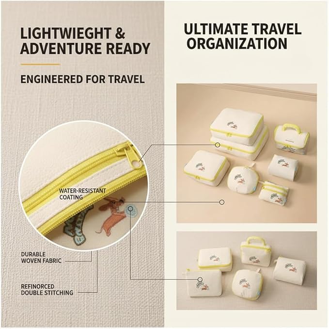 7-Piece Travel Packing Cube Set Luggage Organizer Bags for Suitcases Clothes Underwear Toiletry Cosmetic and Document Storage Efficient Travel Essentials