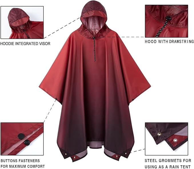 Hooded Rain Poncho for Adult, Waterproof Lightweight Raincoat for Hiking Camping