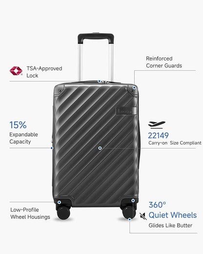 Carry On Luggage 22x14x9 Airline Approved, KVC Expandable Polycarbonate Hard Shell Suitcase for Travelling (EX-Core, Charcoal Metallic, 20 Inch, 40L-44L)