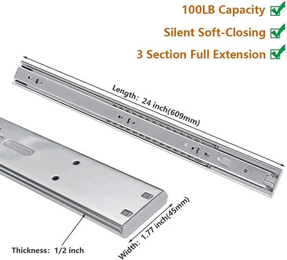 LONTAN 6 Pairs 24 Inch Soft Close Drawer Slides Side Mount Heavy Duty Cabinet Drawer Glides Ball Bearing Full Extension Kitchen Cabinet Rails 100 LB Capacity