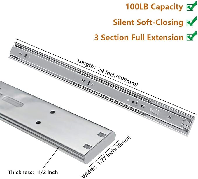 LONTAN 24 Inch Soft Close Drawer Slides 2 Pairs Side Mount Heavy Duty Cabinet Drawer Glides Ball Bearing Full Extension Kitchen Cabinet Rails 100 LB Capacity