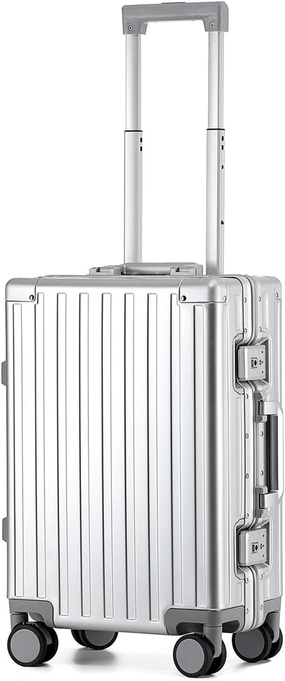 20 Inch All Aluminum Carry On Luggage 22x14x9 Airline Approved with Spinner Wheels,Hard Shell Zipperless Lightweight Small Suitcase with TSA Approved for Travel Business Women Men,Silver