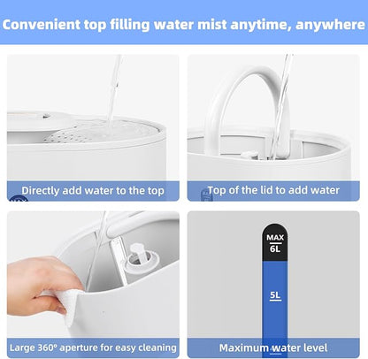 6L Humidifiers for Bedroom Large Room Home, Cool and Warm Humidifier for Baby and Plants Mist Top Fill Desk Humidifiers Essential Oil Diffuser, Quiet with Adjustable Mist,360°Nozzle-White