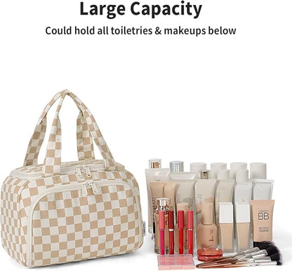 Narwey Large Travel Toiletry Bag, Wide-open Travel Bag for Toiletries, Toiletry Bags for Traveling Women, Cosmetic Make Up Makeup Bag Organizer with Wet Pocket, Skincare Bag (Light Checkerboard)