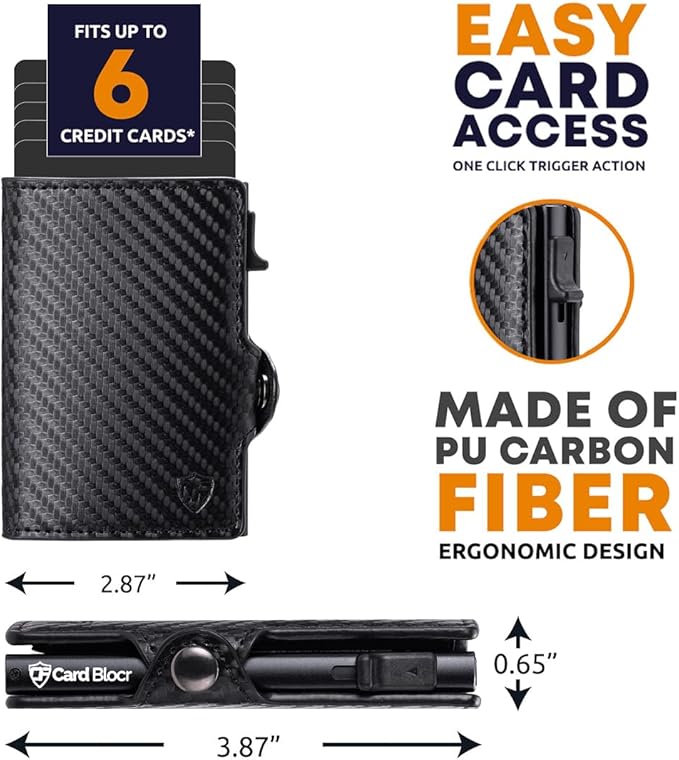 Card Blocr Pop Up Credit Card Wallet, RFID Blocking Credit Card Holder for men, Cool Wallets for Men in Carbon Wallet Design, Compact Card Holder Wallet for Secure Storage (Black PU Carbon Fiber)
